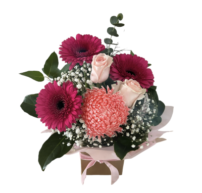 Candy Pink Box - A selection of Pink Gerberas, roses and lily arranged in a box. A happy box of flowers perfect for birthdays, baby girl, sympathy or just because flowers. Easy to take care of and perfect for Joondalup hospital delivery.