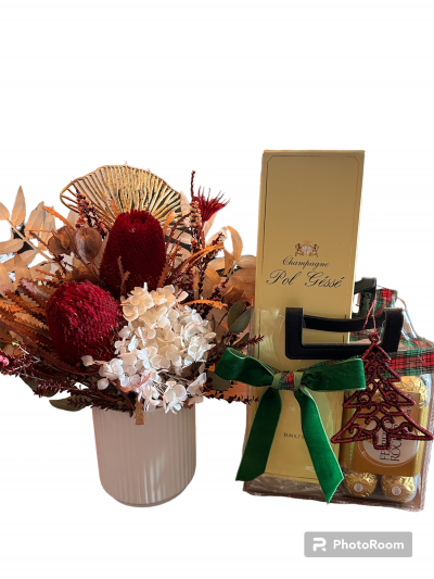 Banksia Cheer - This includes preserved Banksia and preserved flowers. These flower bouquet will last forever. The hamper includes Native flower arrangement, Champagne and chocolates