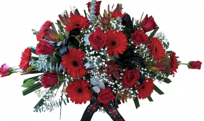 Casket Spray - A red and black funeral casket spray in mainly Gerberas and Roses .

This was a custom order for a avid supporter of Essendon Football Team