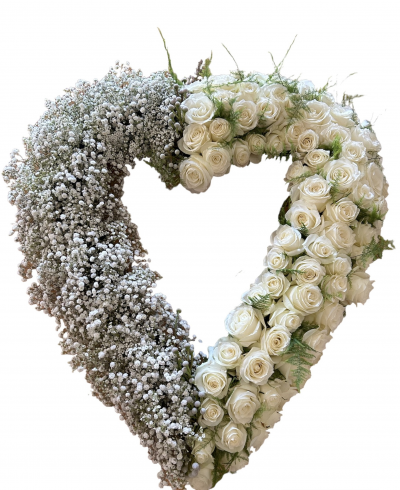 Funeral Heart Roses - A unique White Rose Heart with roses and Babys Breath. A unique design to say farewell.