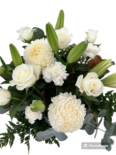 Abigail - An elegant white bouquet including lily, disbuds, roses and carnations finished with lush greenery. A gift for any occasion.