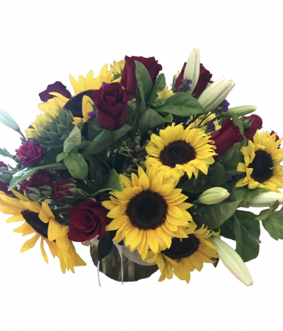 Sunshine Rose - Our most popular combination of Sunflowers, Red roses and Lilys arrangement will definitely bring a big smile to the recipient's face.

Perfect for Birthdays, Anniversary or Just Because